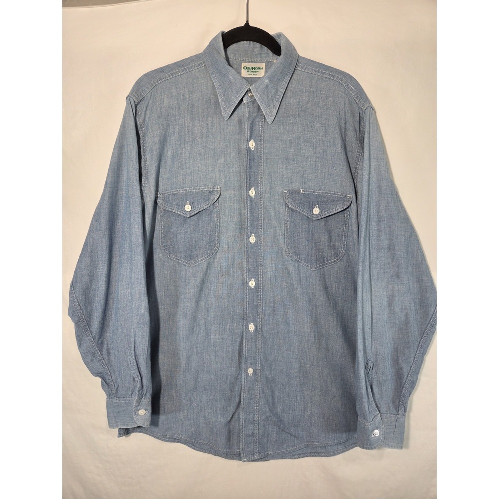 70s OshKosh B'gosh Denim Chambray Workwear Shirt Sz 16 Large Union Made Utility